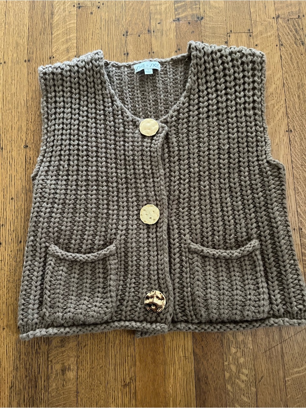 She + Sky Chunky Taupe Knit Vest with Gold Buttons